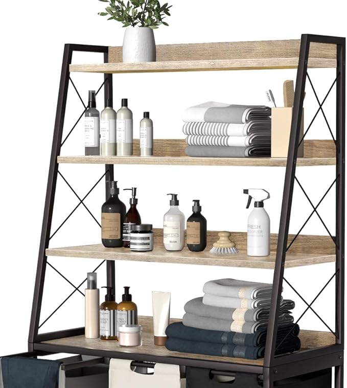 Laundry Basket, 3 Section Laundry Hamper with 4 Tiers Shelf, Pull-Out and Removable Laundry Bags, Large 3 x 15.87 Gallons, for Laundry Room Bathroom Greige PF05XLZ