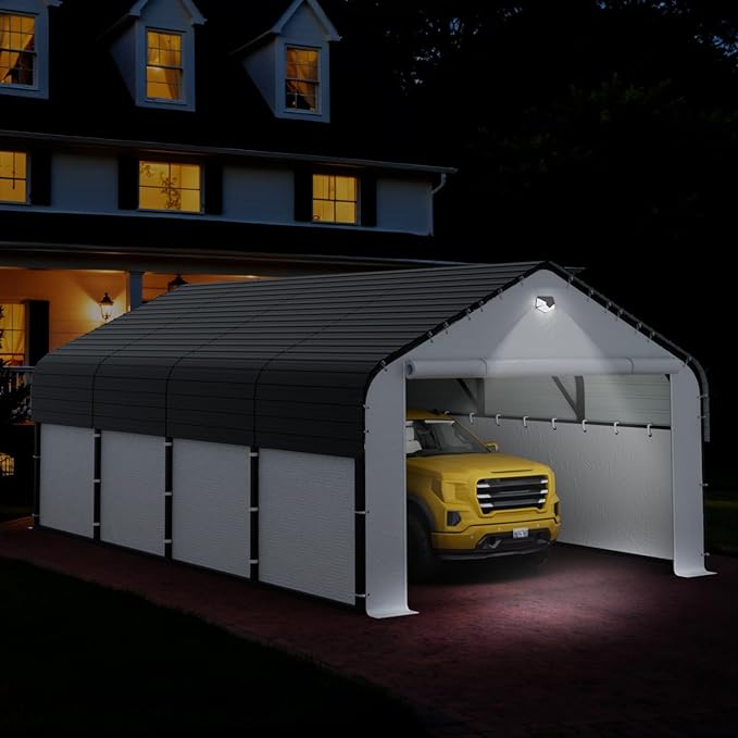 Carports Canopy Heavy Duty, Fully Enclosed Metal Garage with Sidewalls (12x20, White)