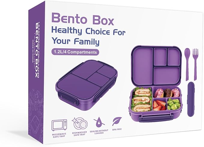 Lunch Box Kids,Bento Box Adult,Leakproof Lunch Containers for Adults/Kids/Toddler,1200ML-4 Compartments bento Lunch box with Utensil,Microwave & Dishwasher & Freezer Safe (Purple)