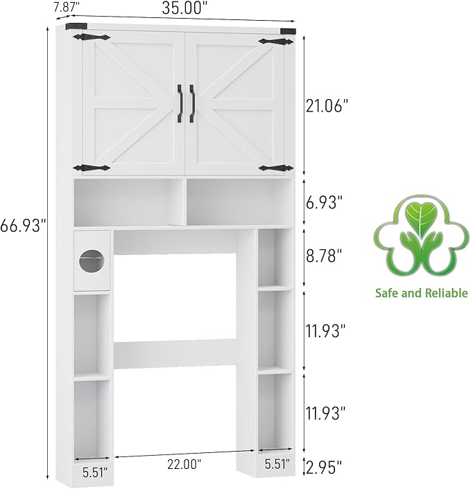 Vabches Over The Toilet Storage Cabinet, Farmhouse Storage Cabinet Over Toilet with 2 Barn Doors ，Toilet Paper Holder Stand，Home Space-Saving Toilet Rack, for Laundry, Restroom, Bathroom.White.