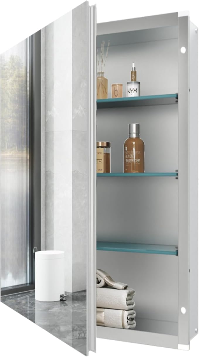 Medicine Cabinet with Mirror, 20x30 inch Bathroom Cabinet, Assembly Needed, Aluminum Surface Mount or Recessed Wall Cabinet, Adjustable Glass Shelves, Suitable for Bathroom Bedroom