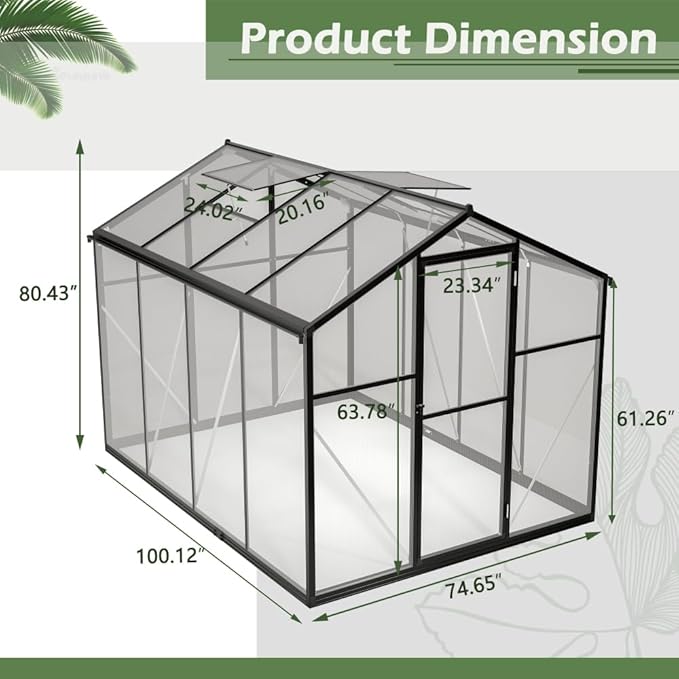 Heavy Duty Polycarbonate Greenhouse with Ventilation Windows and UV Protection for Backyard Garden Growing (6x8 FT)