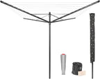 Brabantia Lift-O-Matic Outdoor 4 Arm Clothesline (164 ft/Ø 1.8") Height Adjustable, Folding Clothes Drying Rack + Ground Spike, Cover + Bag of Clothespins (Anthracite)