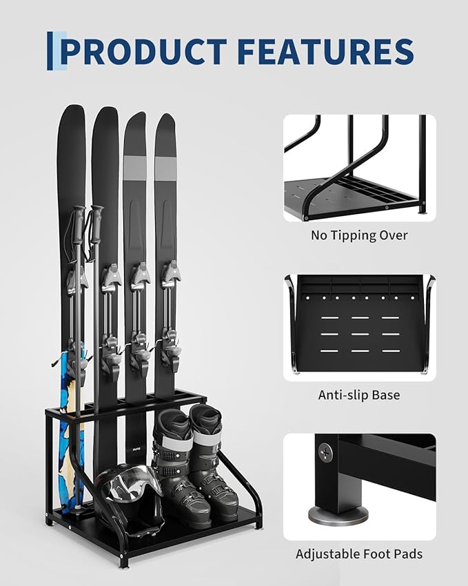 Ski Storage Rack, 23" x 19" x 16", Heavy Duty Freestanding Steel Ski Organizer for 4-Pair Skis, Boots, Poles, Helmet & Goggles, Floor Stand Skis Holder for Garage, Basement & Mudroom