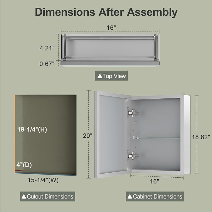 16x20 Inch Beveled Bathroom Medicine Cabinet with Mirror, Assembly Needed, Recessed or Wall Mount, 1 Adjustable Tempered Glass Shelf, Aluminum Medicine Cabinet, Side Mirror, Reversable Door