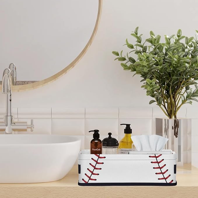 Baseball Small Bathroom Basket Toilet Tank Topper Paper Basket, Sport Themed Softball Baseball Fabric Storage Organizer Bin Small Baskets Decor for Bathroom Counter, Shelf, 2 Pack