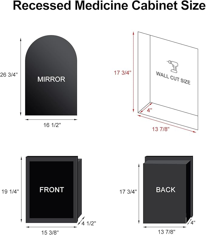 Recessed Medicine Cabinet for Bathroom,Brushed Black Arched Medicine Cabinet with Mirror,Arch Mirrored Medicine Cabinets Recessed,Bathroom Mirror with Storage,Open from Left to Right 16x26