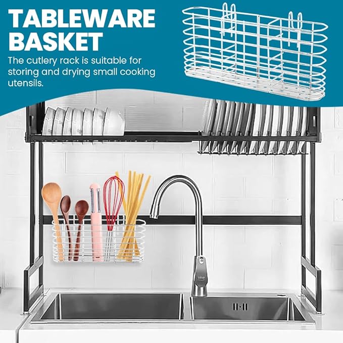 304 Stainless Steel Utensil Holder,Kitchen Utensil Organizer with 3Divided Compartments,Flatware Storage Basket with Hooks for Dish Drying Rack Sink Dish Drainer in KitchenBathroom