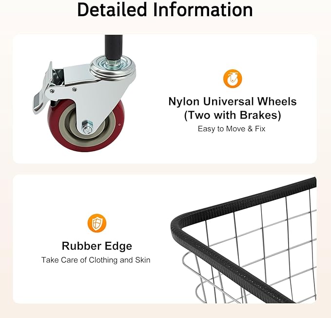 Steel Wire Laundry Cart, 20 X 15.7 X 26In Laundry Basket Sorters with 4 Universal Wheels and Detachable Basket, Commercial Free Standing Heavy Duty Rolling Basket Cart for Bathroom Hotel