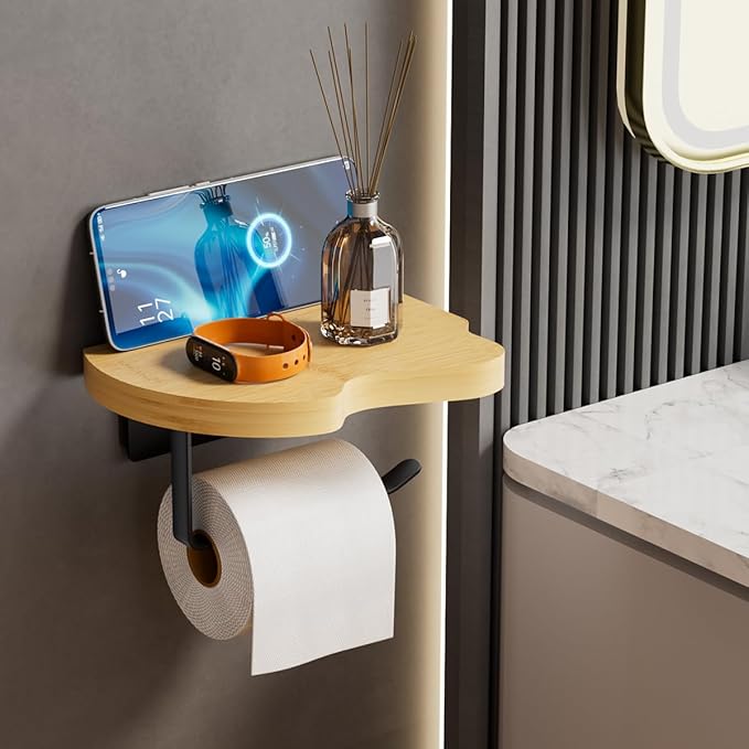 Wall Mounted Toilet Paper Holder with Shelf, Bamboo Wood and Matte Black Metal, 7.08x5.11 Inch Storage Rack for Bathroom