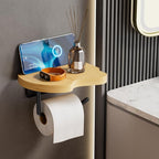 Wall Mounted Toilet Paper Holder with Shelf, Bamboo Wood and Matte Black Metal, 7.08x5.11 Inch Storage Rack for Bathroom