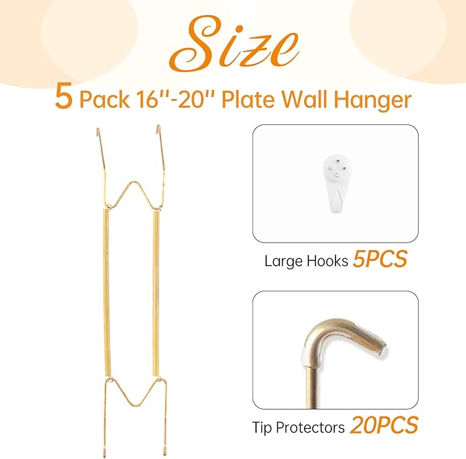 Bilillo 5 Pack Plate Hangers for the Wall, Suitable for 16-20 inch Art Plate, Stainless Steel Invisible Heavy Duty Wire Plate Holder with Wall Hooks, Plate Hangers for Displaying Plates, Platter, Dish