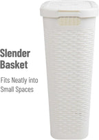 Mind Reader Slim Laundry Hamper with Lid, 40L Clothes Basket, Premium Wicker Design, Plastic, Set of 2, White