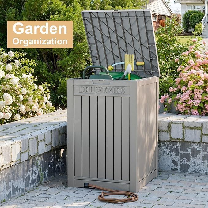 57 Gallon Resin Package Delivery Box - Rust & Moisture Resistant, Lockable, Waterproof Deck Box for Porches, Patios, Indoor & Outdoor Use（Grey，57GALLON）
