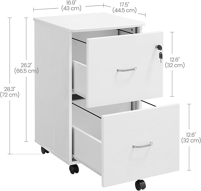 VASAGLE 2-Drawer File Cabinet, Locking Filing Cabinet for Home Office, Small Rolling Printer Stand, A4, Letter-Size Hanging Files, Assembly Required, Snow White ULCD027T46V2