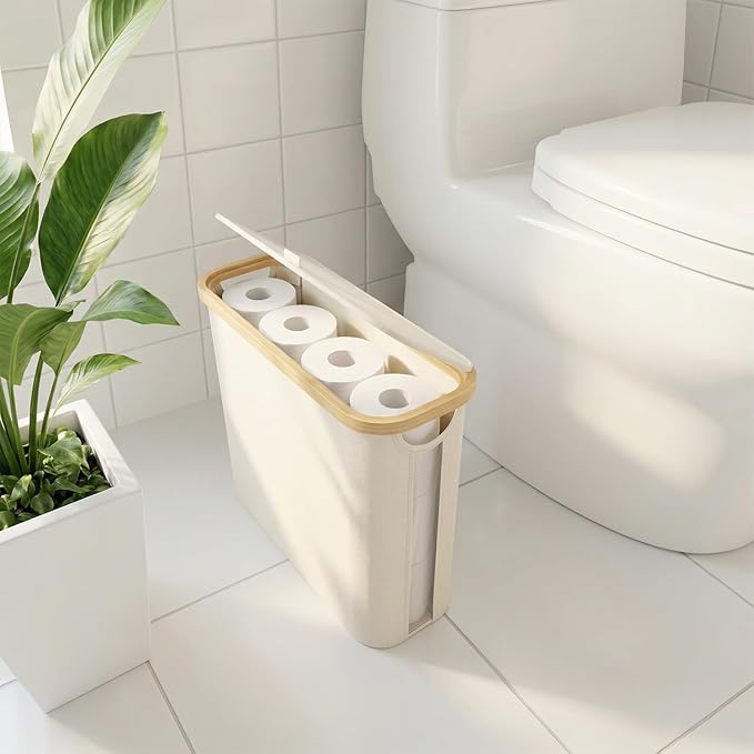 Vespara 2 Pcs Toilet Paper Storage Baskets, FoldableToilet Paper Storage with Lid for 9 Mega or 12 Regular Size Rolls,Waterproof Free Standing Toilet Paper Holder with Storage for Bathroom 2PCS Black