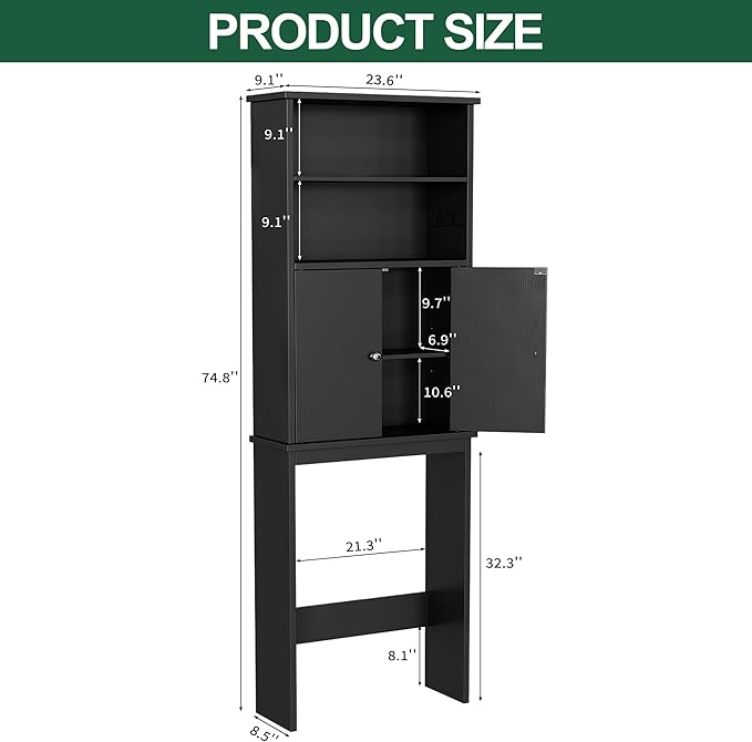 Nuturelly Over The Toilet Storage Cabinet, Bathroom Storage Organizer with Adjustable Shelves and Double Wooden Doors, Freestanding Above Toilet Storage with Open Shelf, Wooden Toilet Rack(Black)