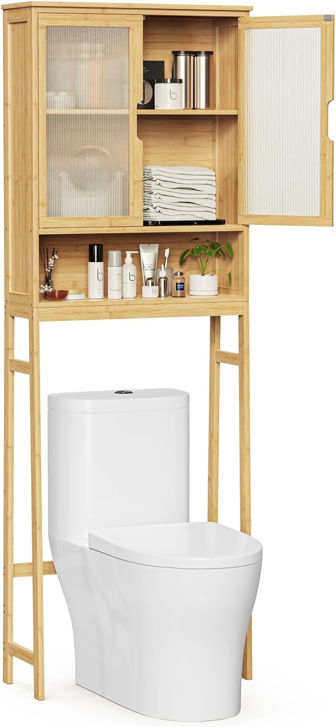 BAMBANG Over The Toilet Storage Cabinet, Bamboo Bathroom Over Toilet Storage Organizer with Adjustable Shelves and Double Doors, Above Toilet Storage Cabinet, Natural