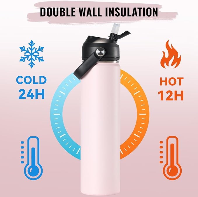 24oz Insulated Stainless Steel Water Bottle, Wide Mouth Double Wall Vacuum, Silicone Straw, Sweat & Leak Proof, BPA Free Insulated Water Flask for Travel, Keep Cold 24h Hot 12h, Light Pink