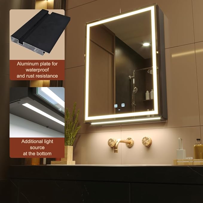 KWW LED Lighted Bathroom Medicine Cabinet with Sockets & USBs, Defogger, Dimmable, 3 Color Light Makeup Mirror, Easy to Install, Wall Mounted Cabinet (Left hinge-20 * 28)