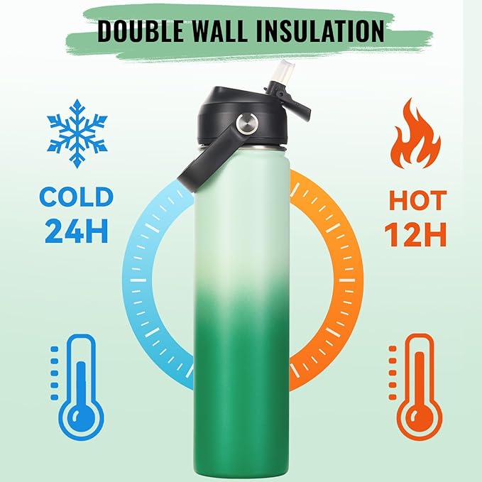 24oz Insulated Stainless Steel Water Bottle, Wide Mouth Double Wall Vacuum, Silicone Straw, Sweat & Leak Proof, BPA Free Insulated Water Flask for Travel, Green Gradient