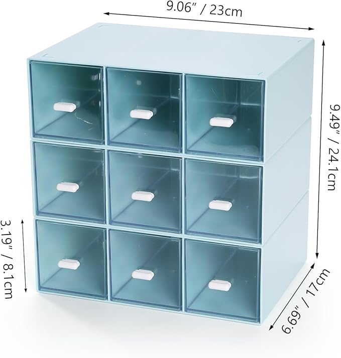 Desktop Drawers, Desk Organizer with 9 Drawers, Stackable Plastic Storage Box for Home Collection, Cosmetics, Jewelry, Office Supplies (3 Tiers, Blue)