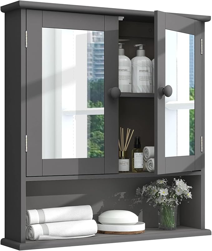 TaoHFE Grey Medicine Cabinet with Mirror, 2 Doors & 3 Open Shelves - Wall Mounted Wooden Storage Cabinet for Bathroom, Laundry or Kitchen
