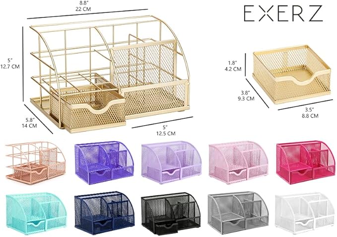 Exerz Desk Organizer Golden Office Desk Accessories Supplies Office Storage Desktop Pencil Pen Holder with Drawer Home Workspace