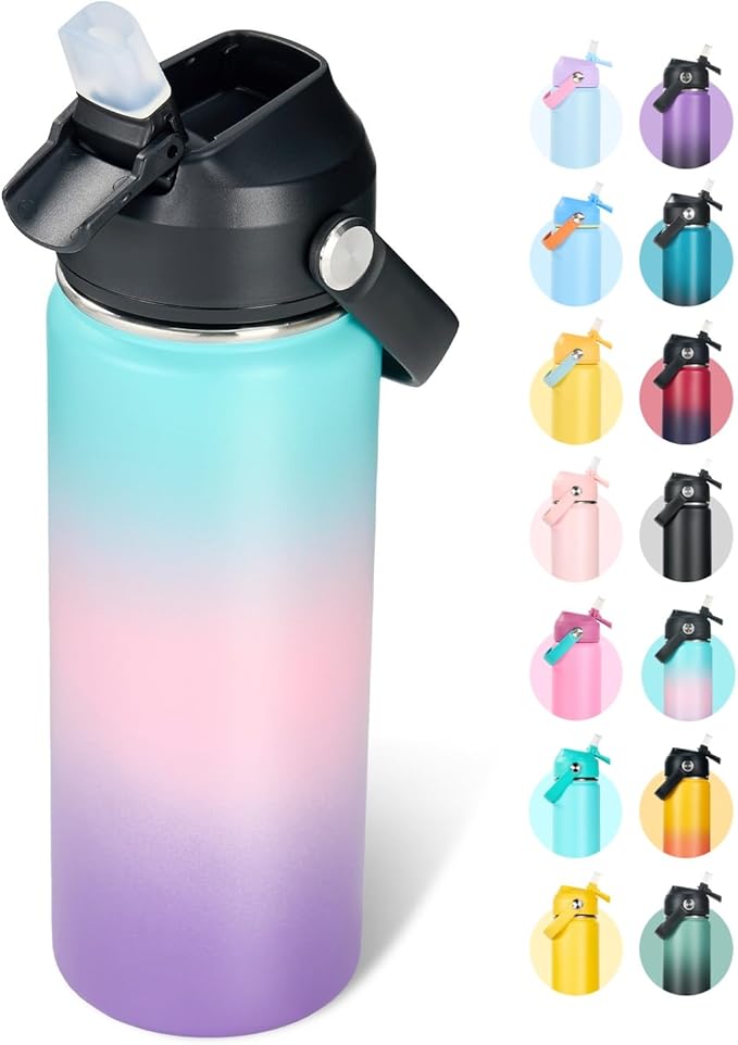 18oz Insulated Stainless Steel Water Bottle, Wide Mouth Double Wall Vacuum, Silicone Straw, Sweat & Leak Proof, BPA Free Insulated Water Flask for Travel, Keep Cold 24h Hot 12h, Pink