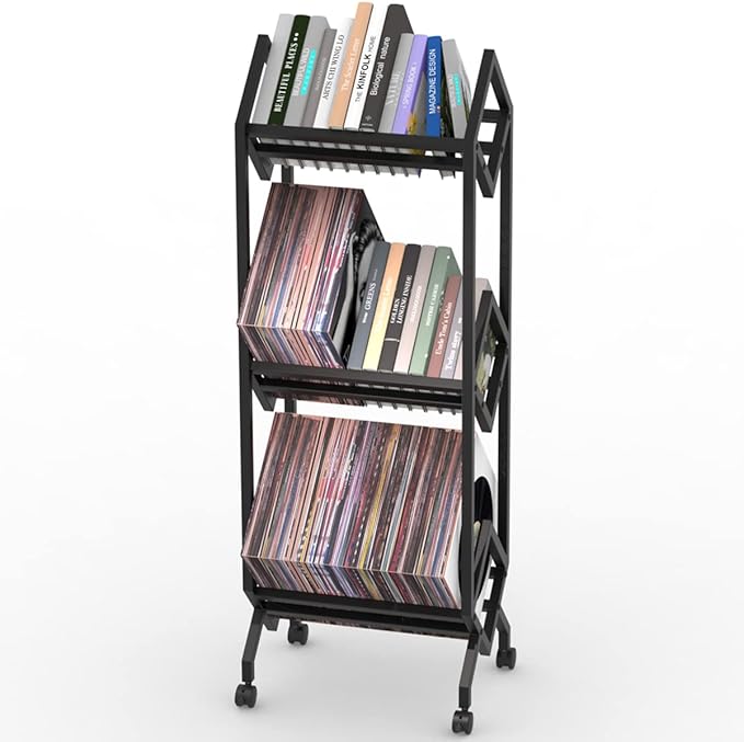 Mobile Vinyl Record Storage Rack, LP Storage Shelf, Record Holder for Albums, Magazine Display, Book and Files Organizer, 3 Tier Vinyl Record Stand with Matte Black Metal