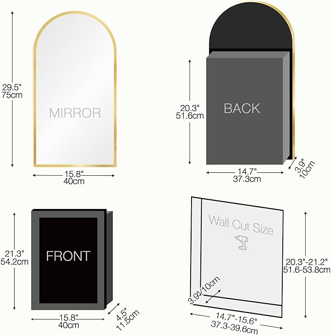 Arched Medicine Cabinet Mirror No Assembly Needed Bathroom Mirror with Storage Recessed or Surface Mount Options (Gold-LED, 29.5" L x 15.8" W)