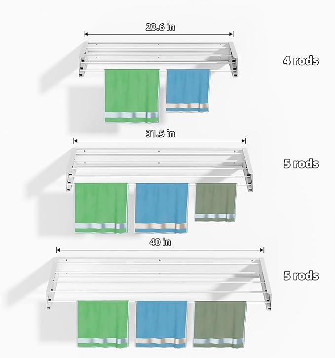 Wall Mounted Clothes Drying Rack, 31.5" Foldable Collapsible Laundry Rack, Heavy Duty 60 lb Capacity Hidden Space Saver, Includes Wall Template for Laundry Room Indoor Outdoor Balcony (White)