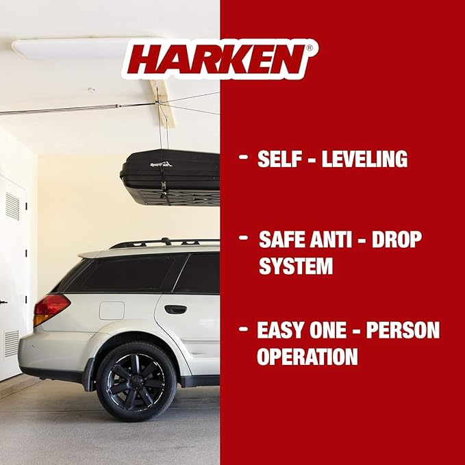 HARKEN Hoister Lightweight Cargo Carrier Overhead Garage Storage 4-Point Hoist System for 60lb Carriers, Kayaks, Canoes, Storage (60lb max load,16ft.Ceiling), Model 7801.16