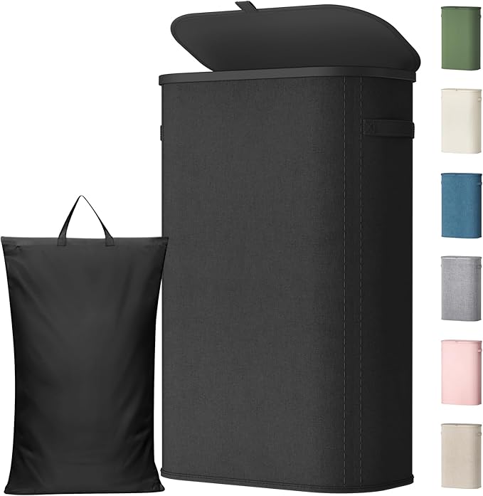 Lifewit 65L Slim Laundry Basket with Lid, Narrow Large Laundry Hamper with Plastic Handles and Removable Bag, Tall Foldable Dirty Clothes Hampers for Laundry Room, Bedroom, Bathroom, Dorm, Black