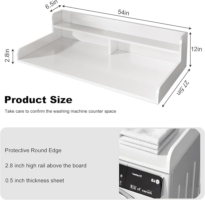 2-Tier Washer Dryer Countertop with 2.8" H Edge Rails, 54" W x 27.5" D Wood Laundry Table for Folding Clothes, Top of Washer and Dryer Organizer Shelf, White