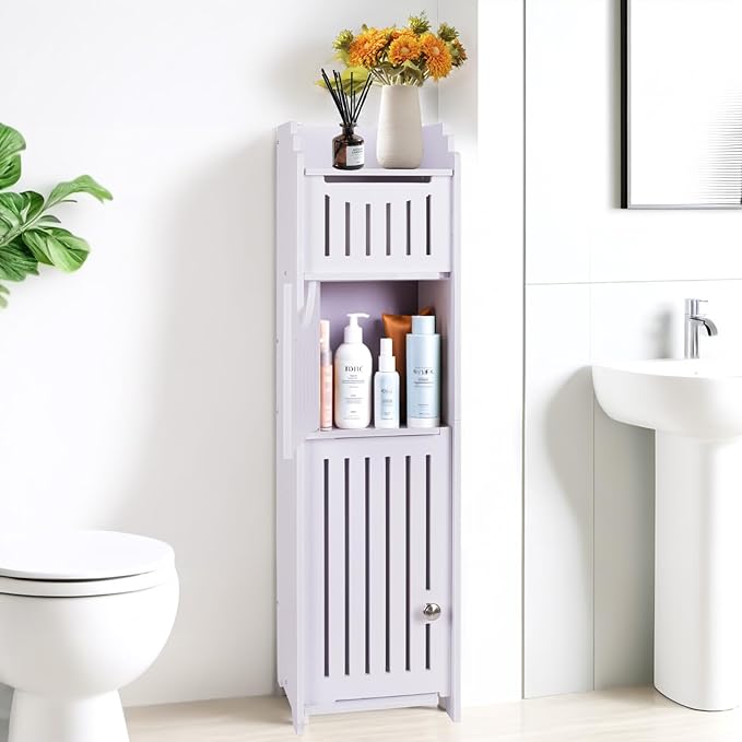LuiceABC Toilet Paper Holder Stand, Over The Toilet Storage Cabinet for Bathroom, Slim Corner Shelf for Small Space Storage, Small Bathroom Storage Cabinet with Doors, White