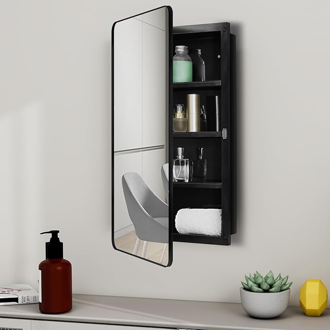 Fundin Black Plastic Medicine Cabinet, Mirror Door with Round Corner Metal Frame, Recessed and Surface Mount Bathroom Wall Medicine Cabinet, 16 x 28 inch Mirror Size