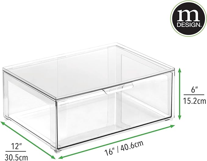 mDesign Plastic Stackable Closet Storage Organizer Bin Containers with Front Pull Drawer for Cabinet, Desk, Shelf, Cupboard, or Dresser Organization - Lumiere Collection - Set of 3 - Clear