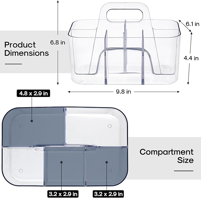 Multiuse Caddy Organizer with Handle - Stackable Plastic Tote Bin - Art Craft Supplies, Office, Desk, Stationery Pen Holder, Kitchen, Utensil, Makeup, Bathroom, Shower, Cleaning, Dorm Organizer -Clear