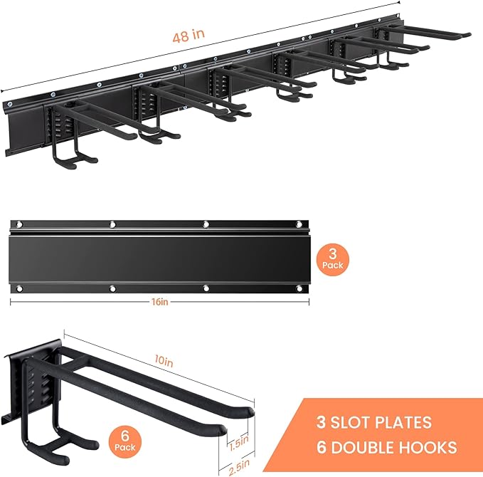 Ski & Snowboard Wall Rack With 12 Inch Storage Hooks, Ski Board Wall-Mounted Organizaion System Holds Up to 300 lbs, Black