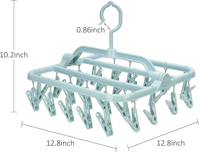 Foldable Clip Hangers with 26 Drying Clips, Underwear Hanger with Clips, Plastic Laundry Clip and Drip Drying Hanger for Socks, Bras, Lingerie, Clothes, Sturdy, Blue, 2pc