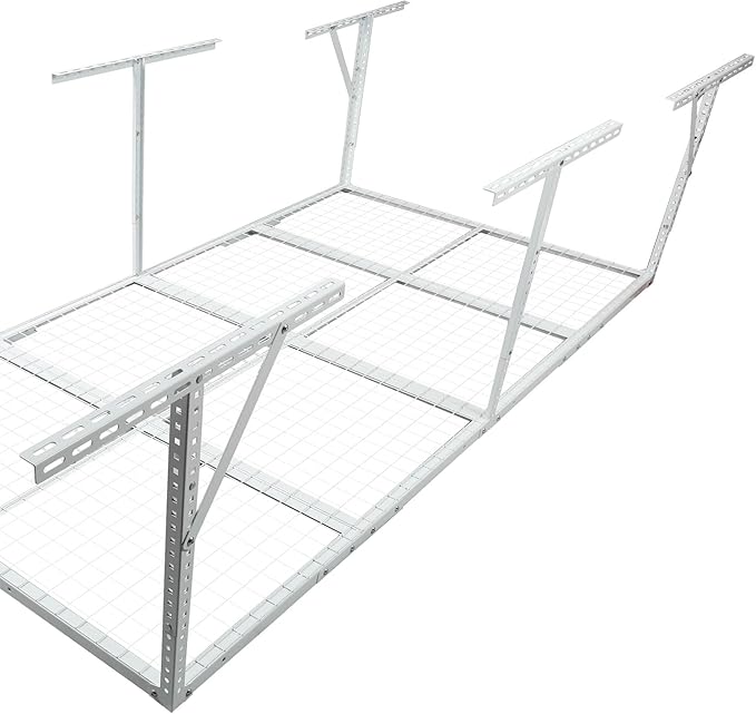 Overhead Garage Storage Rack, Heavy Duty Metal Ceiling Storage System, Adjustable 22"-40" Dropdown, 400/600 LBS Capacity, Maximize Vertical Storage for Garage/Workshop, (White, 3x8FT)