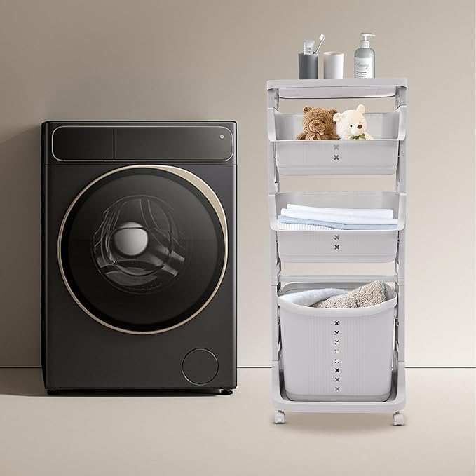 4-Layer Laundry Basket,PP Laundry Basket System Vertical Laundry Sorter with Wheel,Rolling Storage Holder Cart for Laundry Rooms, Bathrooms, Toilets (Grey)