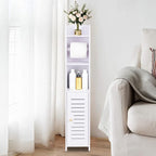 LuiceABC Toilet Paper Holder Stand, Over The Toilet Storage Cabinet for Bathroom, Slim Corner Shelf for Small Space Storage, Small Bathroom Storage Cabinet with Toilet Roll Holder & Door - White