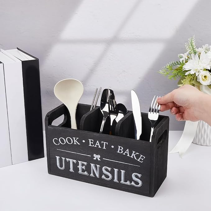 DICOSMETIC Large Kitchen Utensil Holder Wooden Utensil Organizer with 3 Compartments Farmhouse Cutlery Holder Flatware Utensil Countertop Storage for Silverware Fork Spoon Spatula, 26.9x10.4x15.4cm