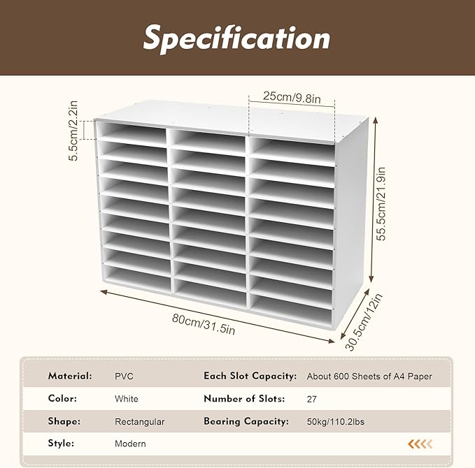 PVC Desktop Literature Organizer, 27 Slots Compartment Adjustable File Sorter Mail Center Magazine Holder, Paper Storage Cabinet Classroom Keepers for Classroom, Office, School, Home, White
