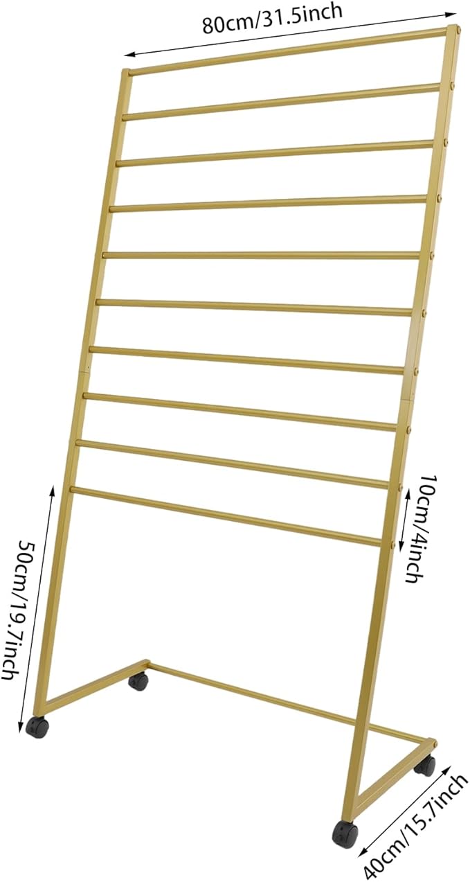 Scarf Organizer Stand, 10-Tier Freestanding Scarf Display Rack with Wheels, Metal Scarf Holder Belt Pants Hanger for Commercial Clothing Retail Store Home, 31.5" L x 15.75" W(Gold)