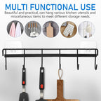 Wall Mounted Kitchen Utensil Rack, No Drilling Iron Hanging Hook for Kitchen Organization, Black, 12.4X2.95In