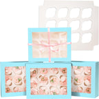 Bakepacker 12 Cupcake Containers 10-Packs Light Blue Cupcake Box Cupcakes Carrier, 12 Cupcake Boxes with Window 13"x10"x3.5"（Auto-pop up）