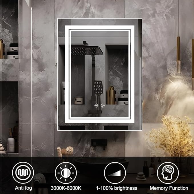 High-End Led Medicine Cabinet,Lighted Medicine Cabinet,3 Colors&Dimmable,Demister,Lighted Glass Shelf,USB Shaver Socket.Surface Mount or Recess Mount,20×28inch